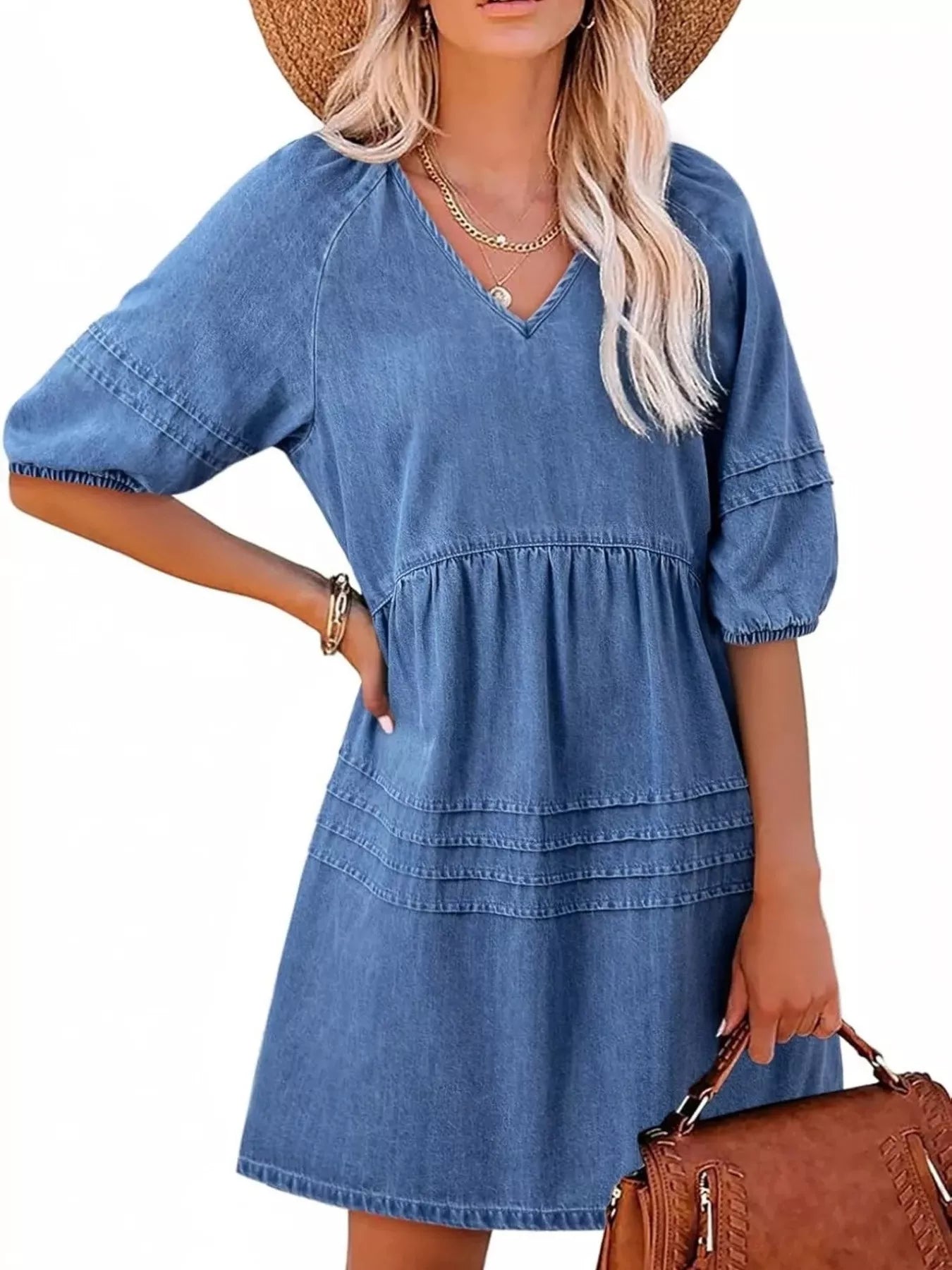 Casual V-Neck Puff Sleeve Denim Mini Dress