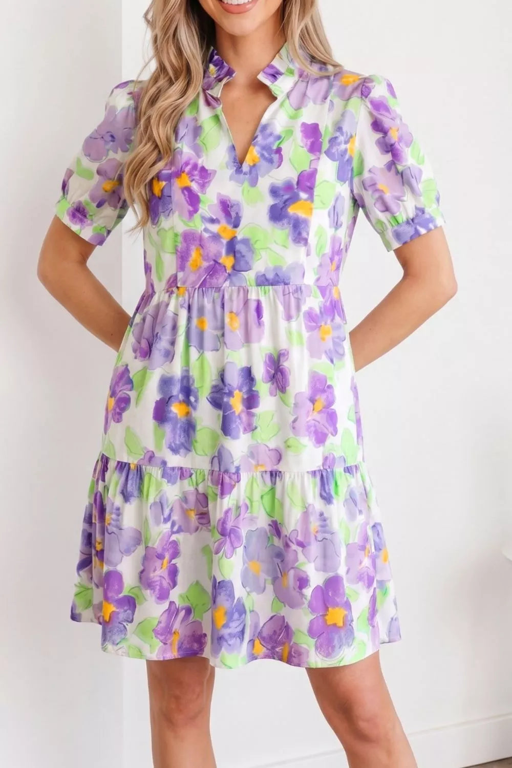 Floral V Collar Short Sleeve Tiered Ruffle Mini Dress