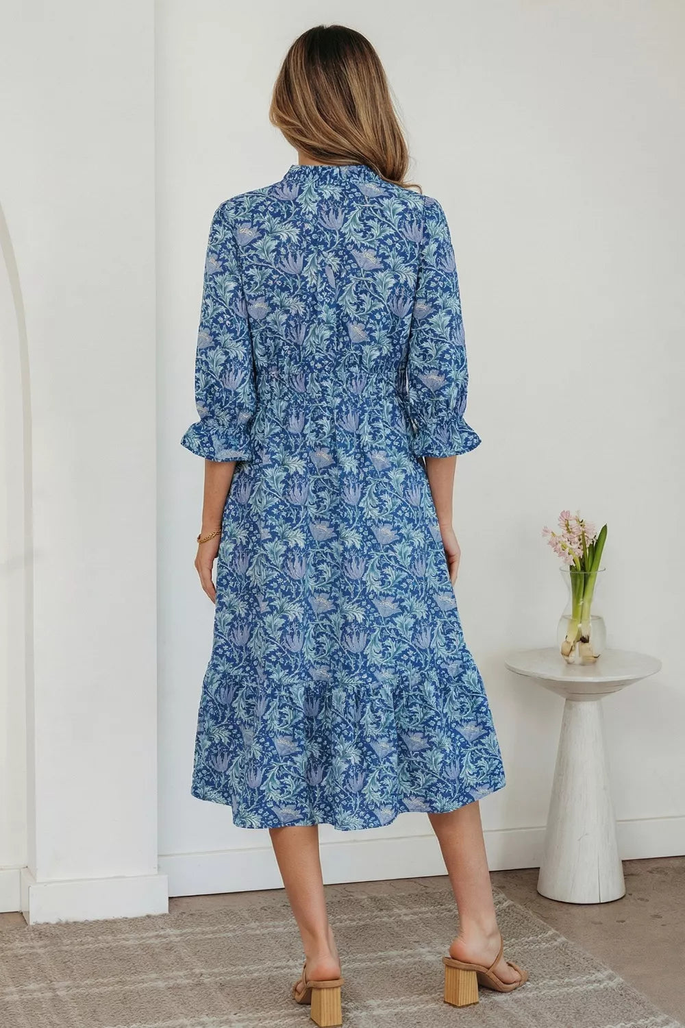 Floral Printed Frilled V Neck Bracelet Sleeve Long Dress