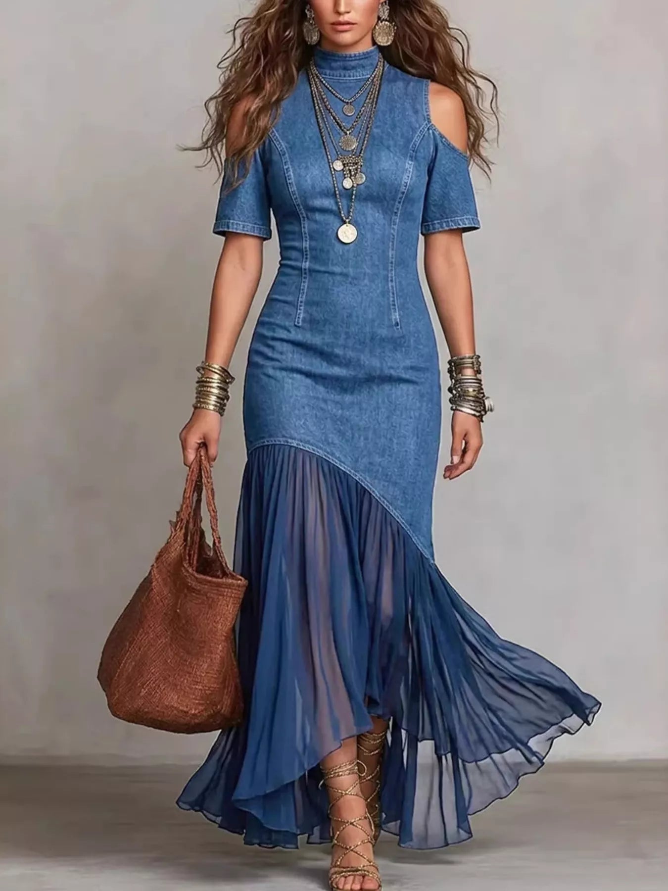 Mock Neck Cold Shoulder Ruffle Hem Maxi Dress