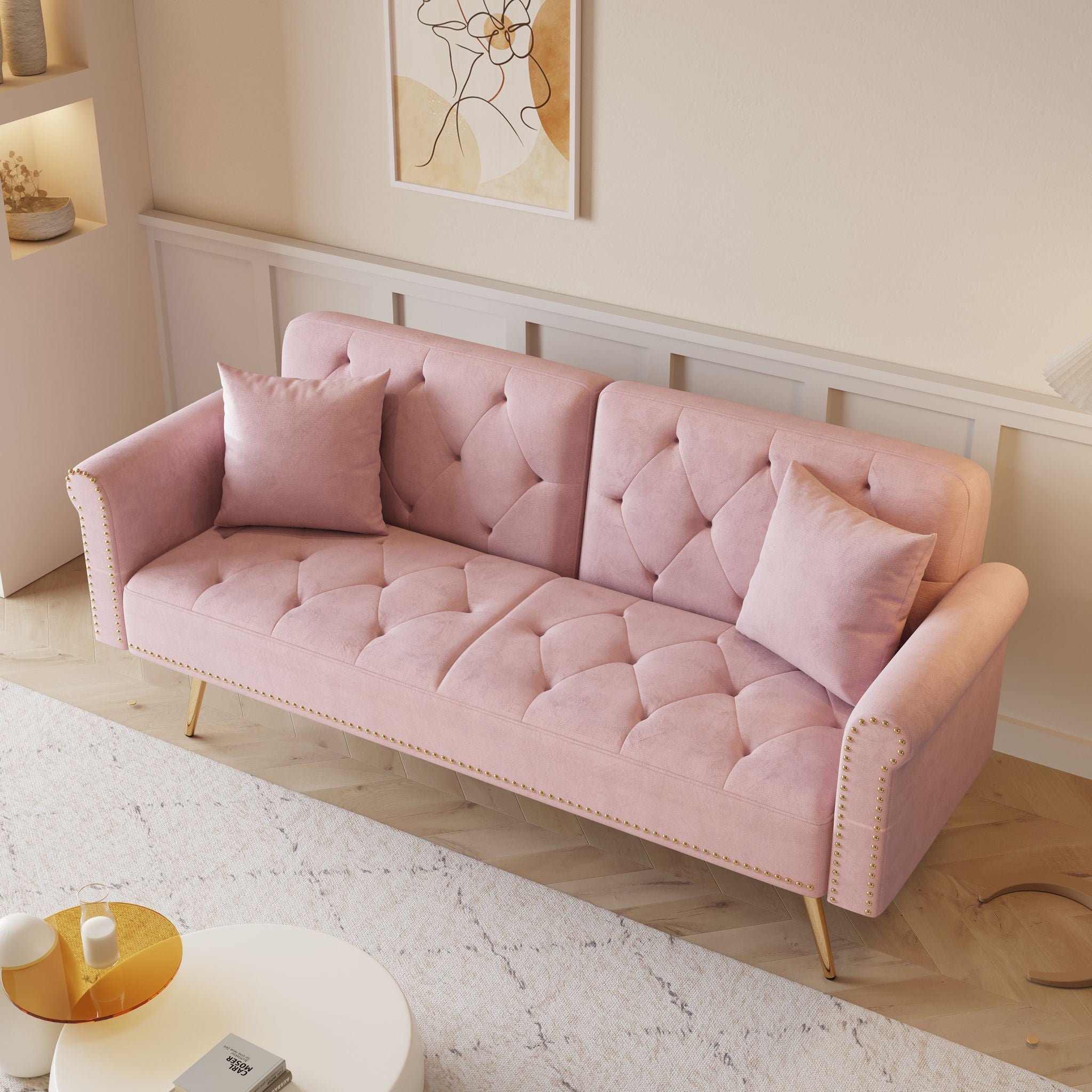 Luxurious Sofa Bed With Nail Head Trim And Matching Pillow