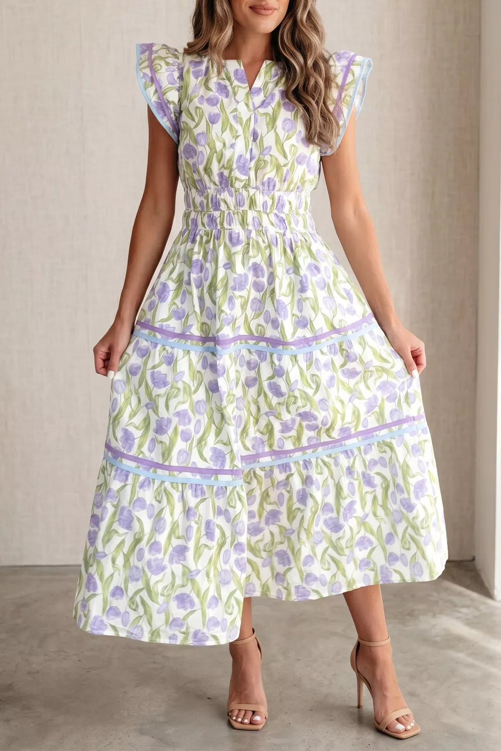 Floral Print Contrast Trim Midi Dress