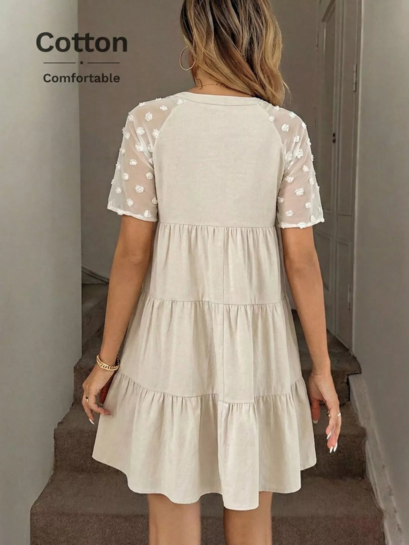 Casual Tiered Mini Dress with Swiss Dot Sleeves