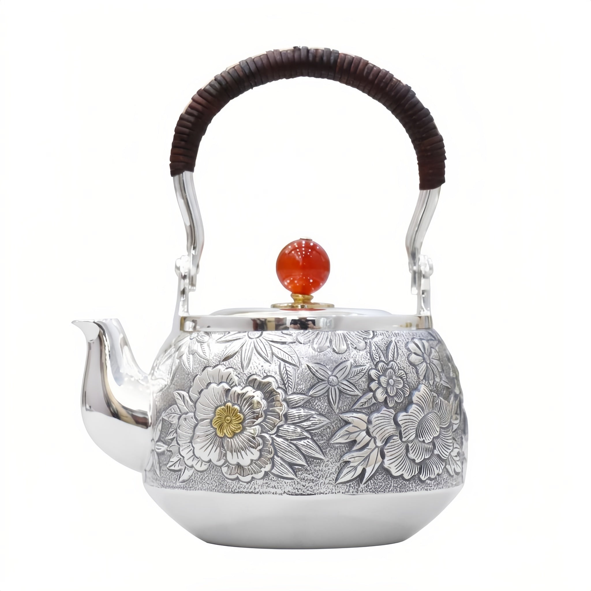 925 Sterling Silver Handcrafted Silver Floral Teapot with Red Agate Knob and Woven Handle - Handicraft