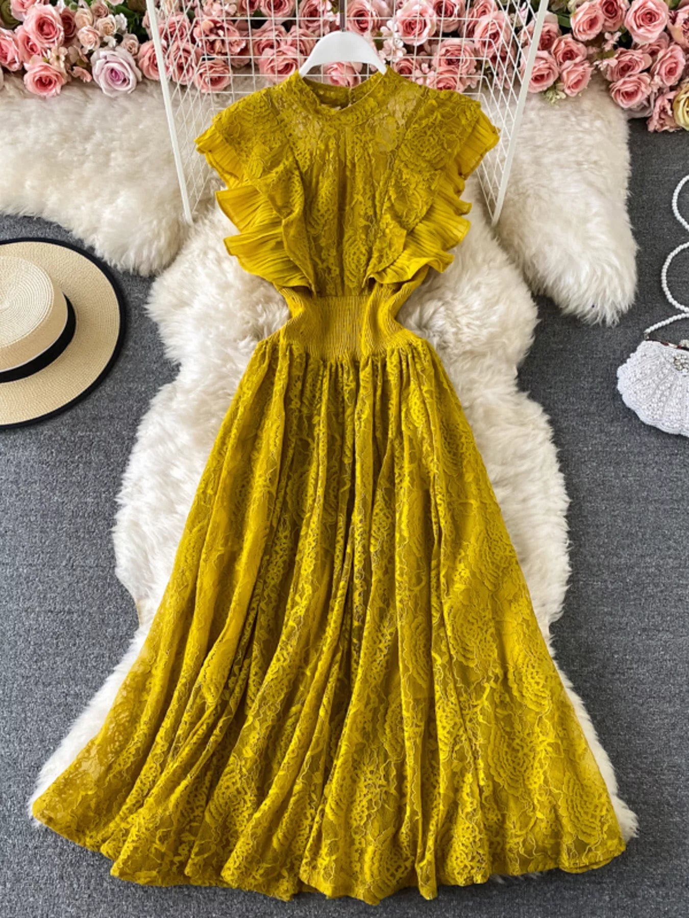 Ruffled Mock Neck Lace Maxi Dress