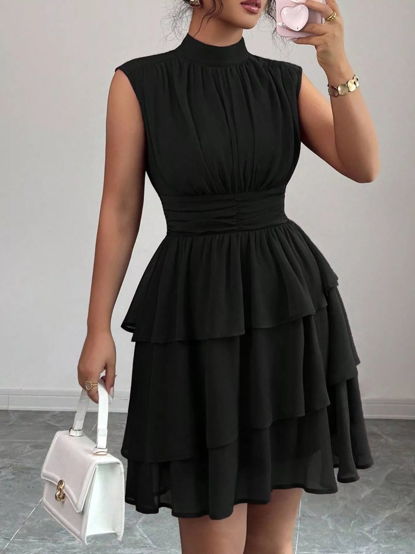 Sleeveless Mock Neck Layered Ruffle Dress