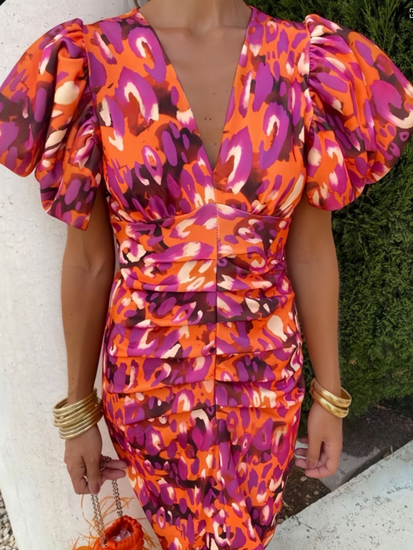 Full Size V-Neck Puff Sleeve Midi Dress Plus Size