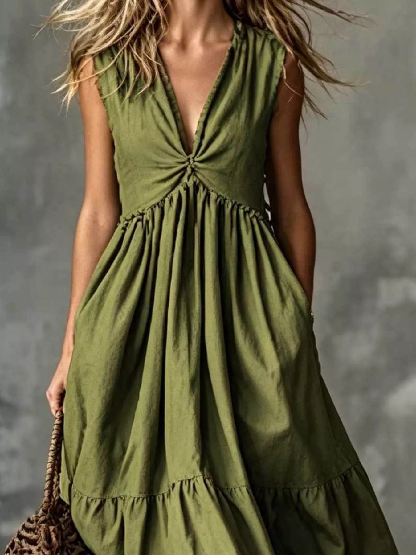 V-Neck Twisted Tiered Midi Dress