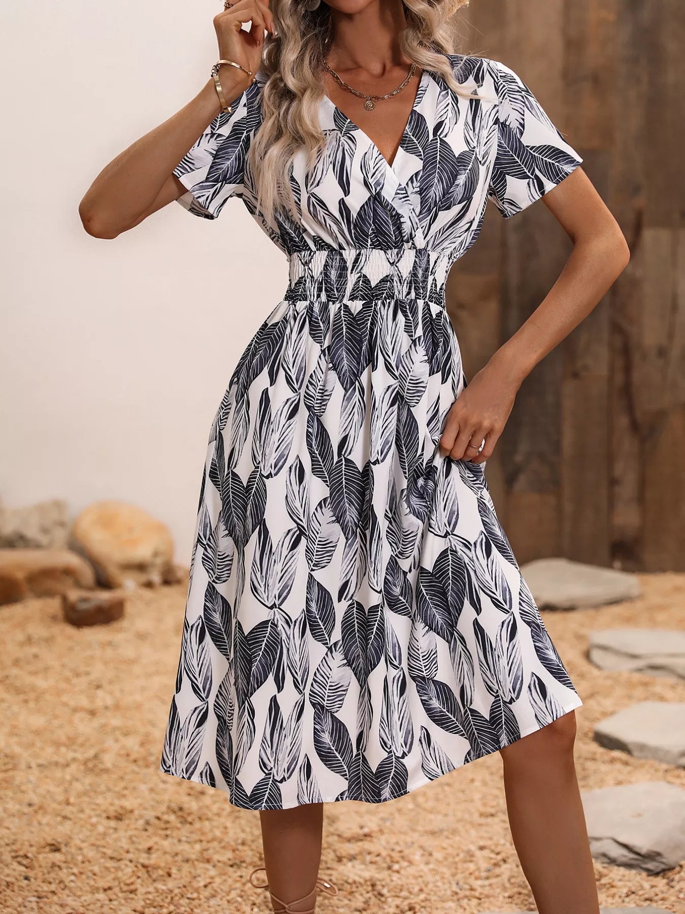 Printed Short Sleeve Midi Dress