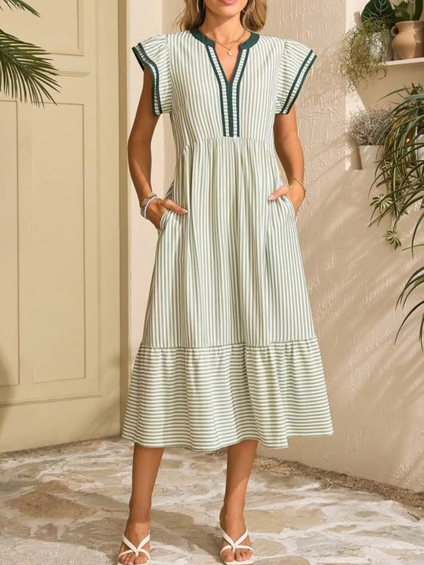 Striped Notched Ruffle Sleeve Dress