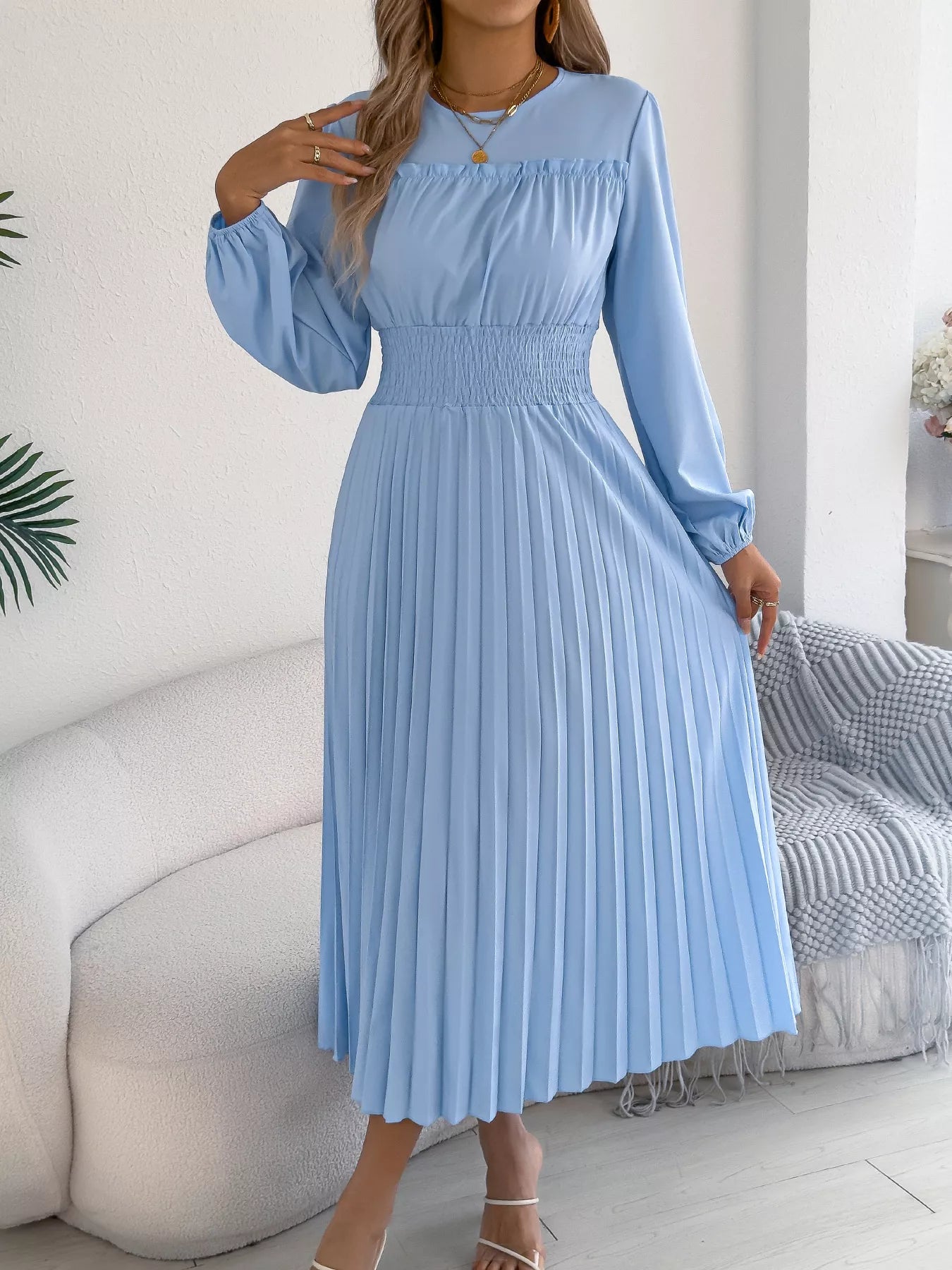 Smocked Pleated Long Sleeve Midi Dress