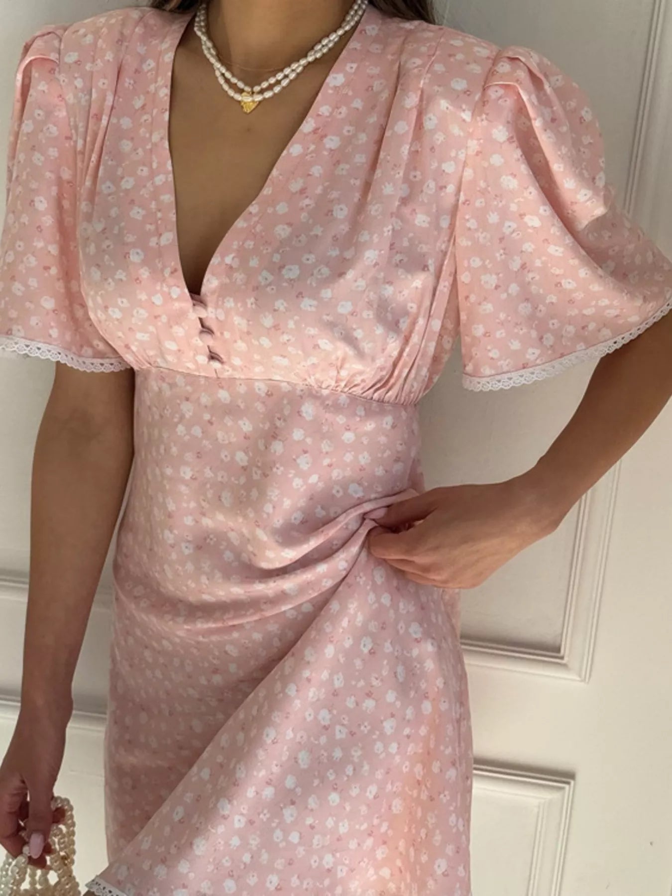 V-Neck Puff Sleeve Mini Dress with Lace Trim