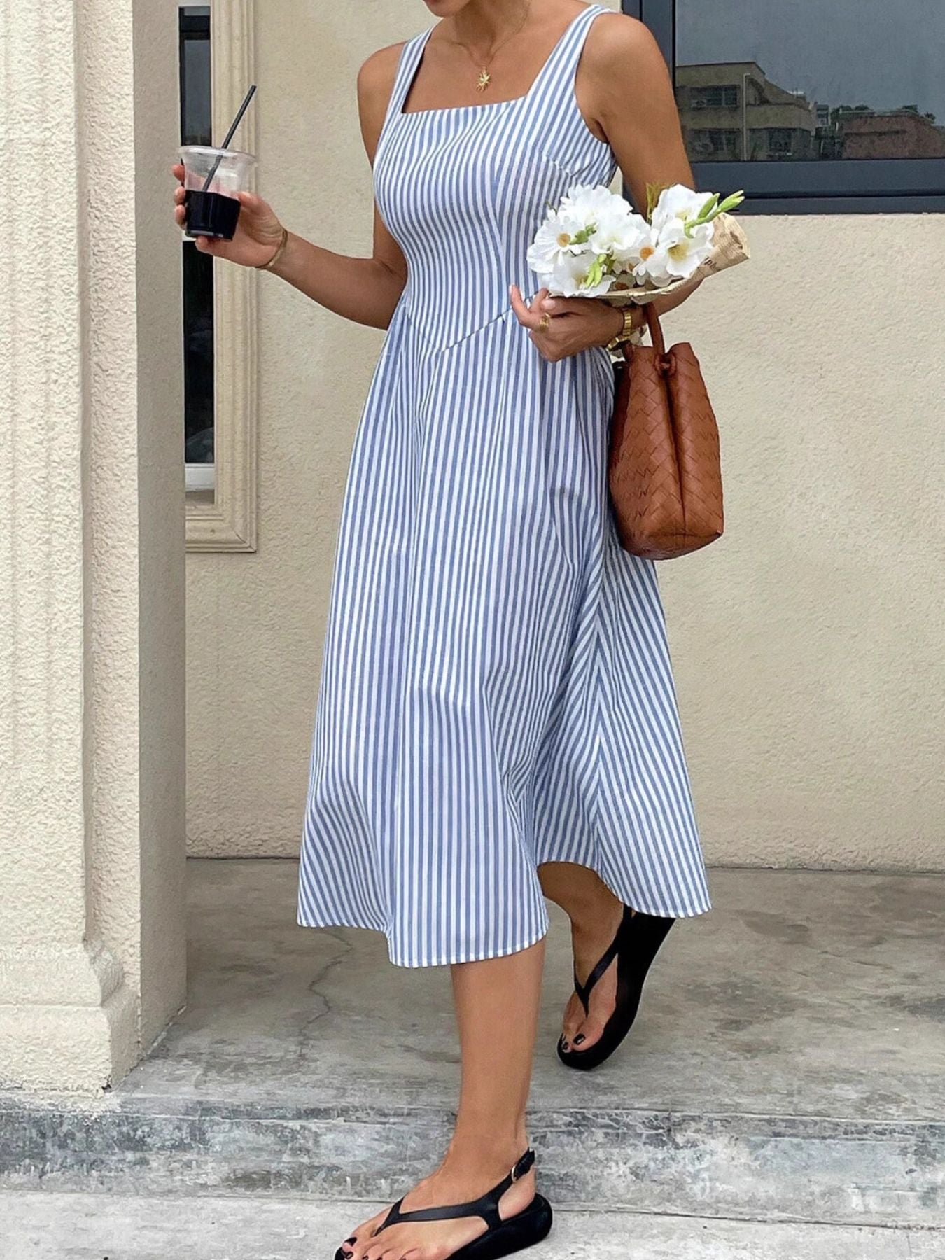 Striped Square Neck Midi Dress