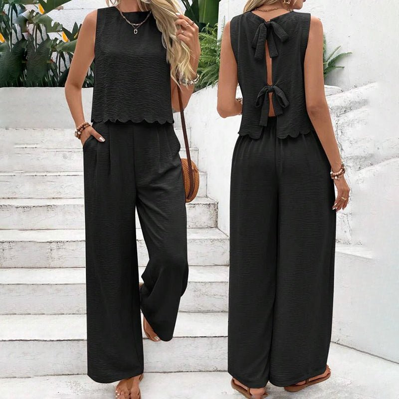 Elegant 2-Piece Matching Set, Sleeveless Crop Top And Wide Leg Pants Outfits - Overture Gifts