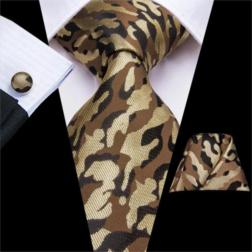 STEVVEX Silk Tie Set with Pocket Square & Cufflinks - Gold