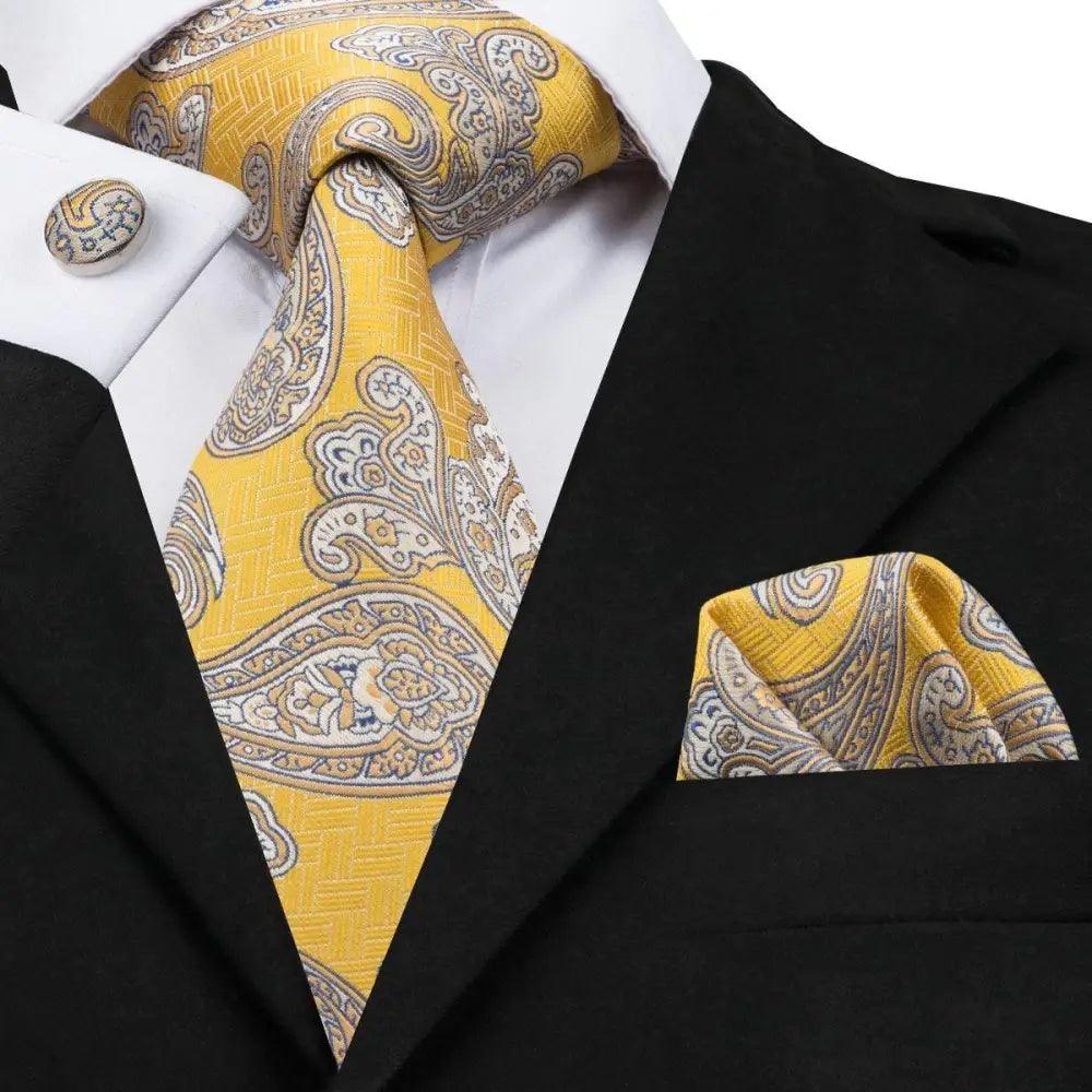 STEVVEX Silk Tie Set with Pocket Square & Cufflinks - Gold