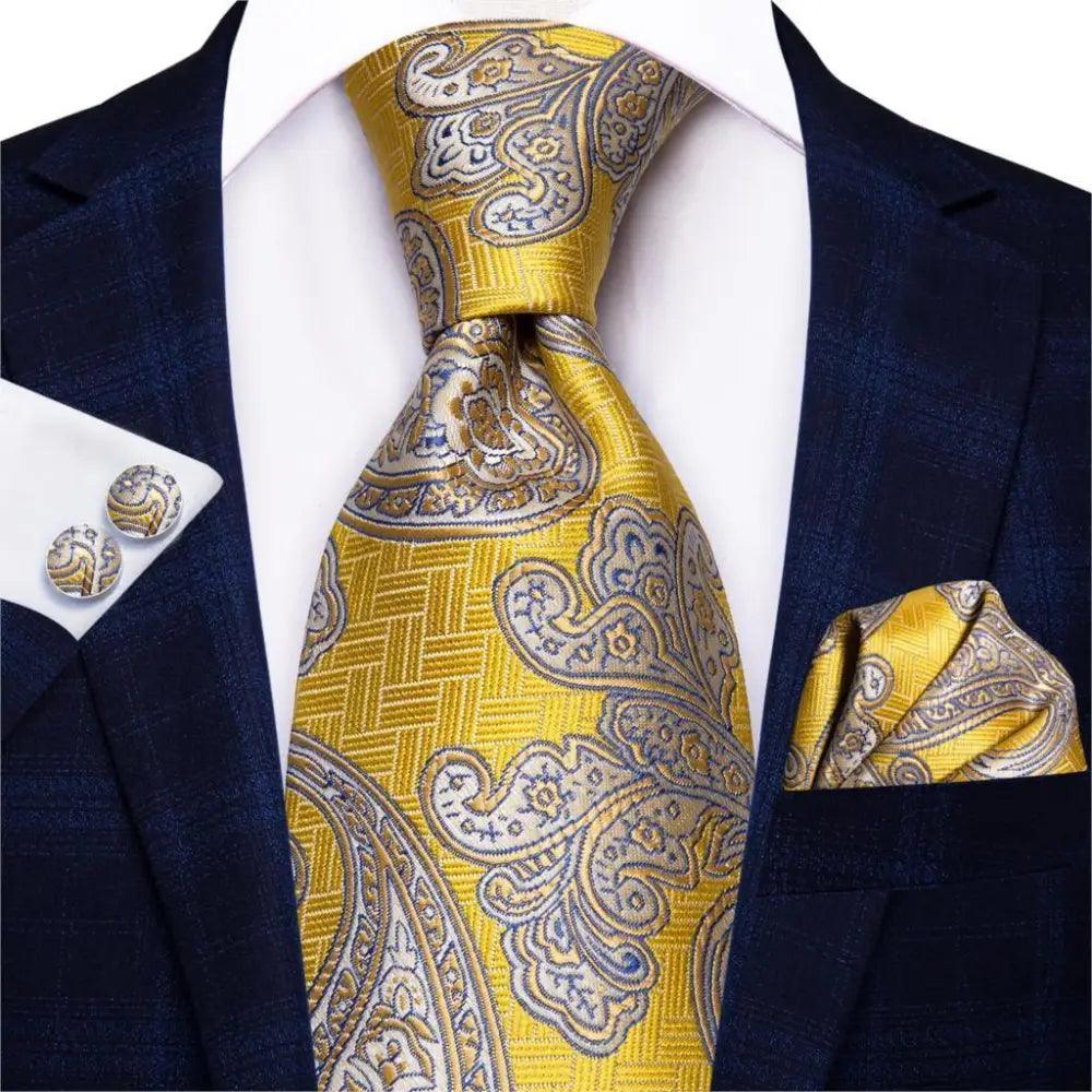 STEVVEX Silk Tie Set with Pocket Square & Cufflinks - Gold