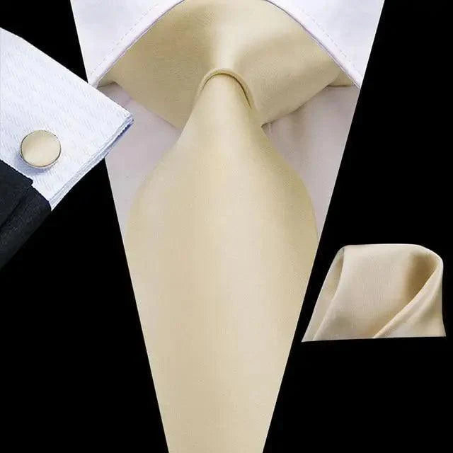 STEVVEX Silk Tie Set with Pocket Square & Cufflinks - Gold