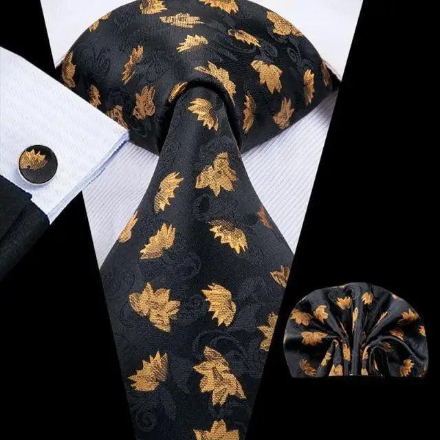 STEVVEX Silk Tie Set with Pocket Square & Cufflinks - Gold