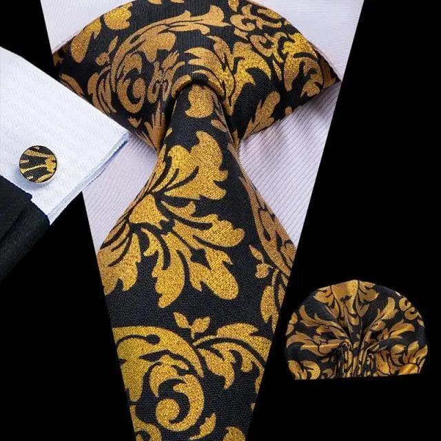STEVVEX Silk Tie Set with Pocket Square & Cufflinks - Gold