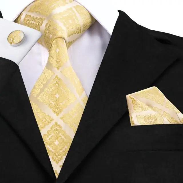 STEVVEX Silk Tie Set with Pocket Square & Cufflinks - Gold