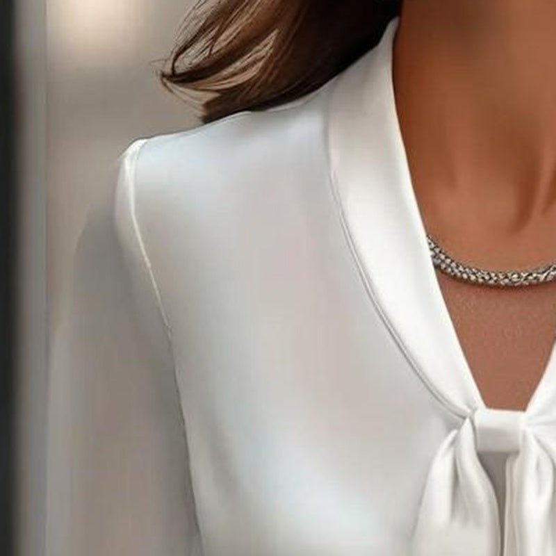 Elegant Satin Ribbon Blouse — Long Sleeve Button-Down Work Shirt - Overture Gifts