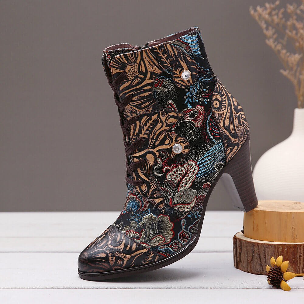 Embroidery Floral Handmade Genuine Leather Boots - Overture Gifts