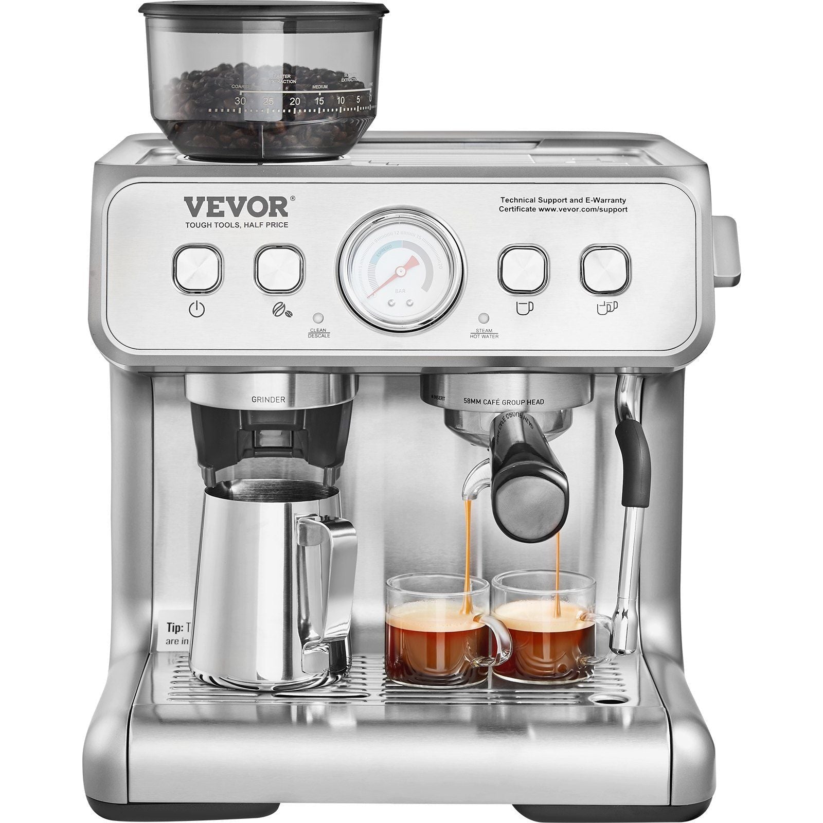 Espresso Machine with Grinder, 15 Bar Semi-Automatic Espresso Coffee Maker with Milk Frother Steam Wand, Removable Water Tank & Pressure Gauge for Cappuccino, Latte, Machiato, PID Control System - Overture Gifts
