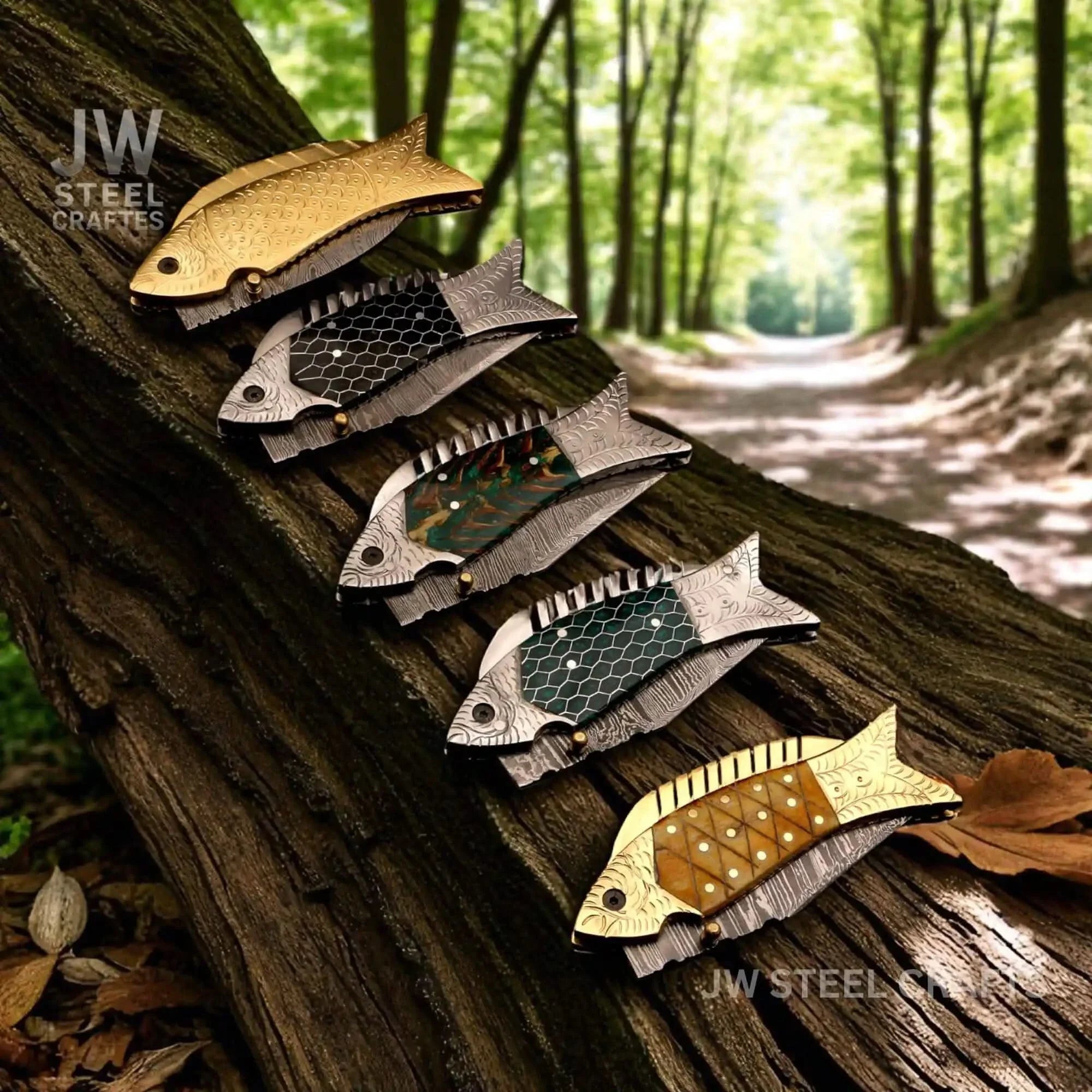 Damascus Fish Folding Knife Set with Hand-Engraved Fish Handles