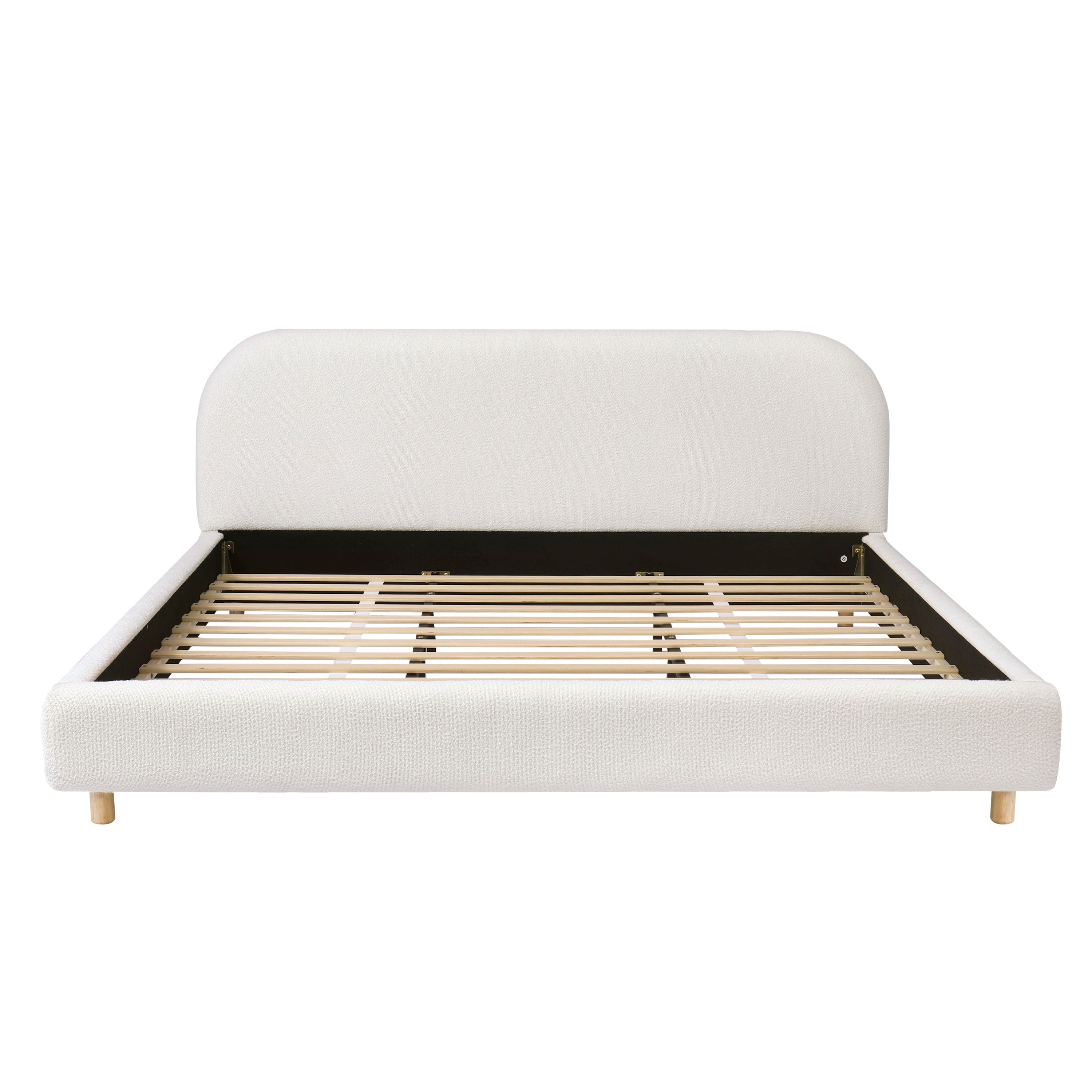 California King Size Upholstered Bed with Boucle Fabric and Curved Headboard