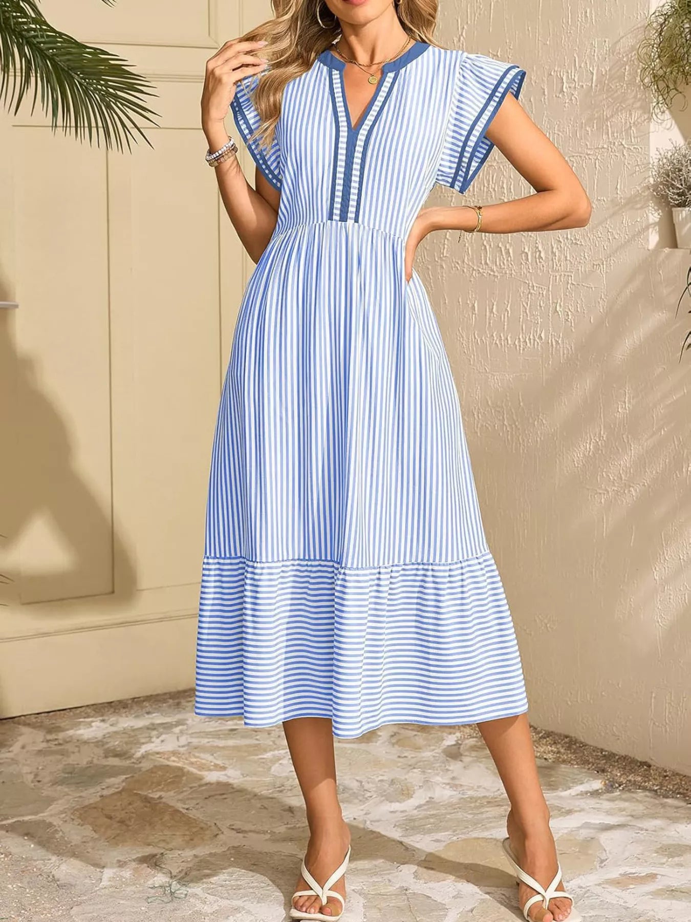 Striped Ruffle Sleeve Midi Dress