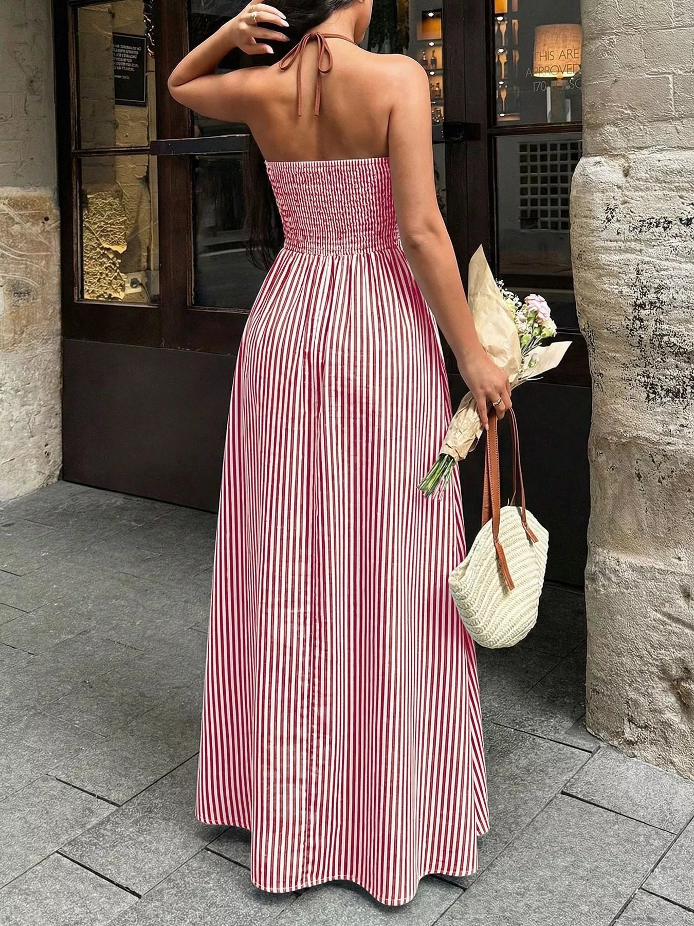 Striped Halter Neck Maxi Dress