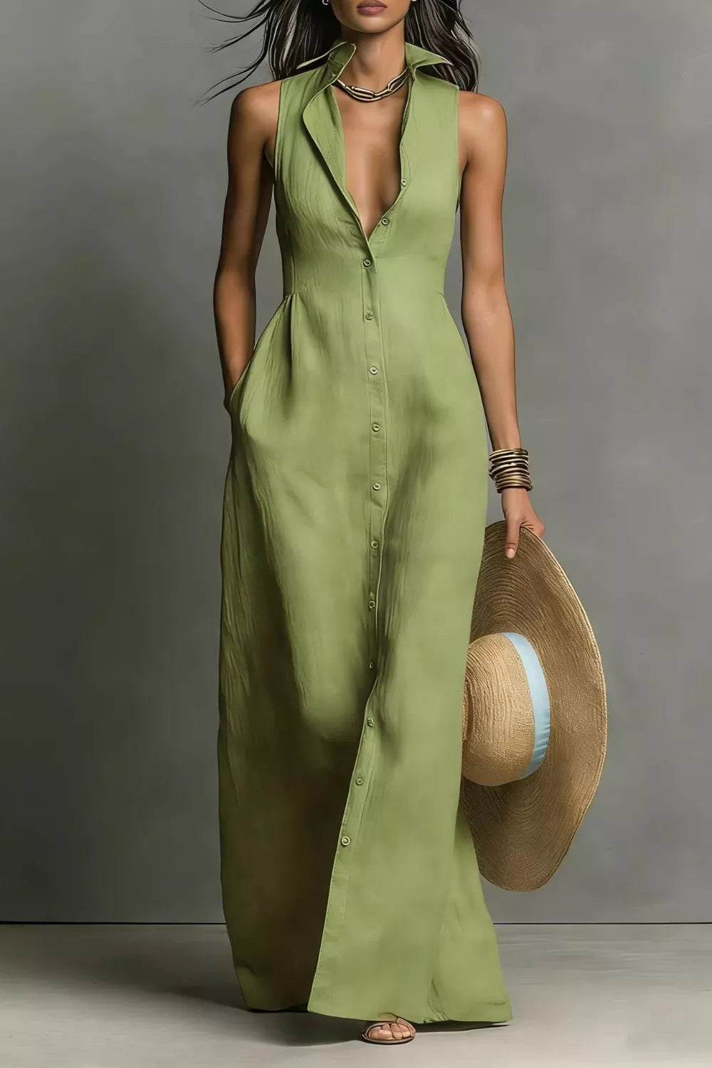 Sleeveless Button-Down Maxi Dress