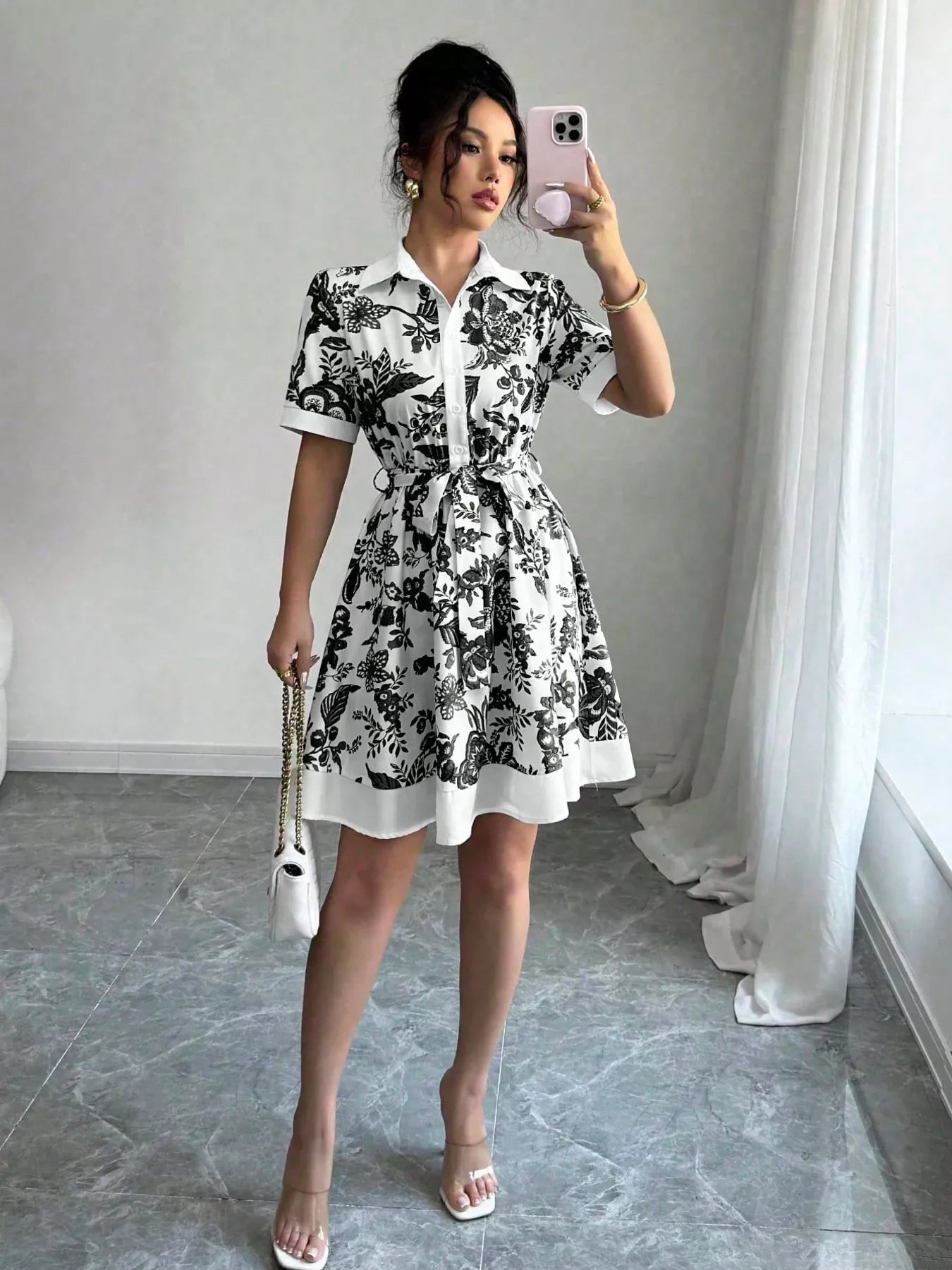 Printed Button Front Mini Dress