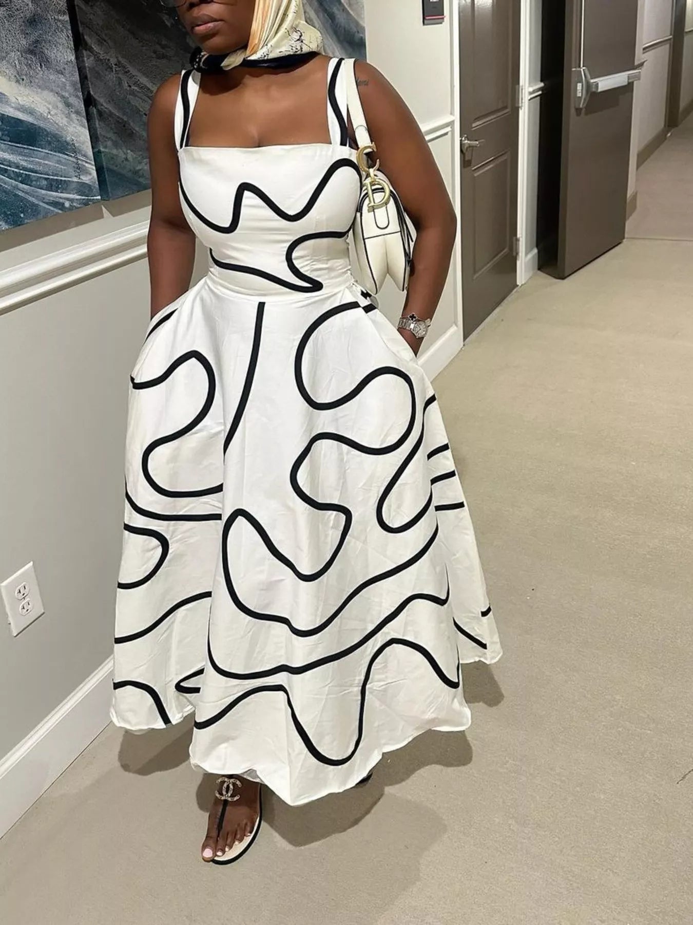Abstract Print Square Neck Midi Dress