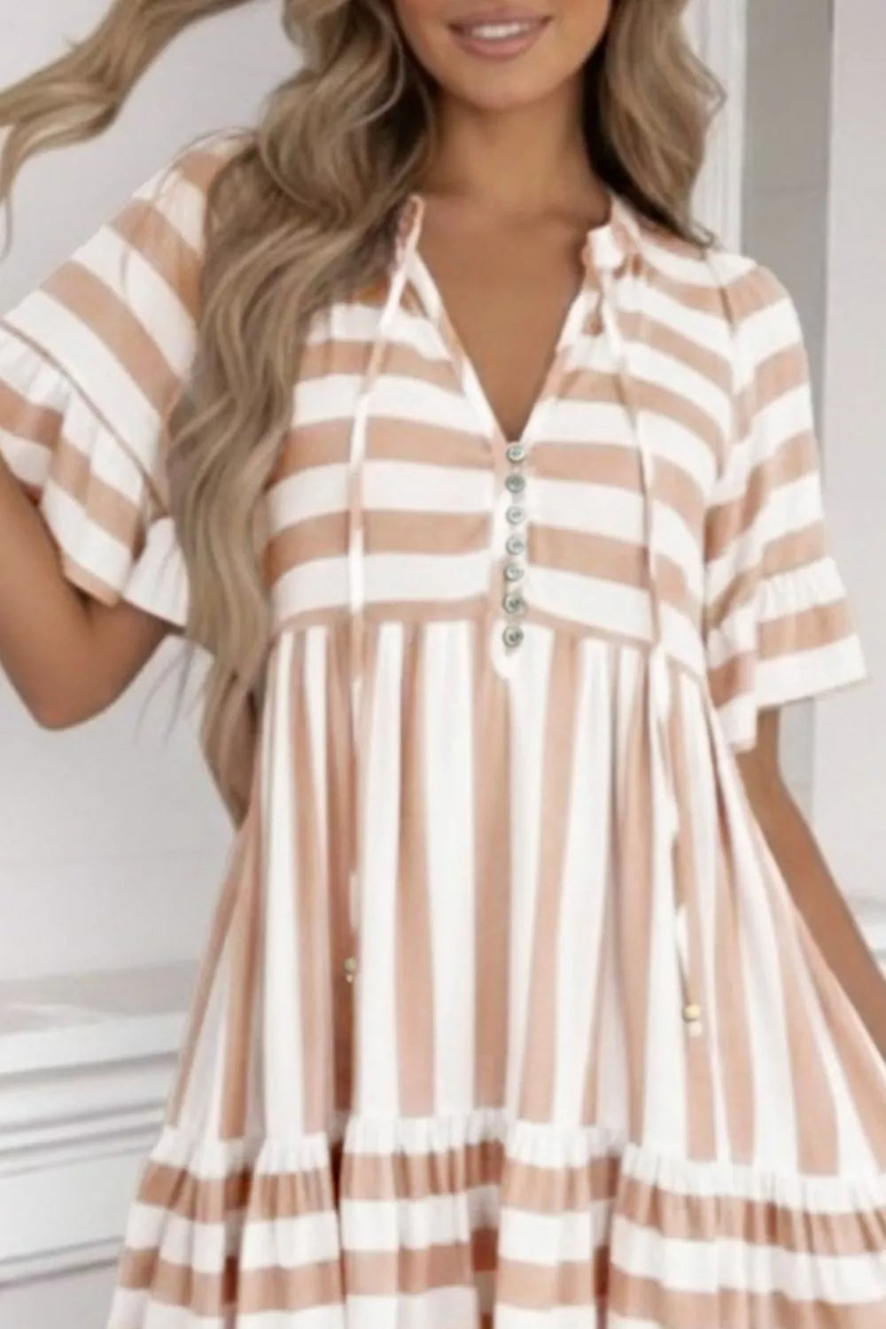 Stripe Tie V Neck Ruffle Trim Short Sleeve Flared Summer Dress