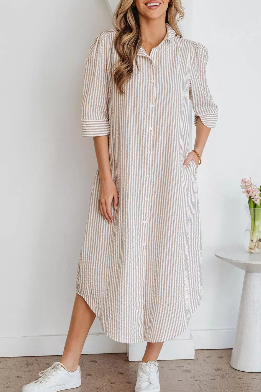 Stripe Frilled Collar Half Sleeve Shirt Dress