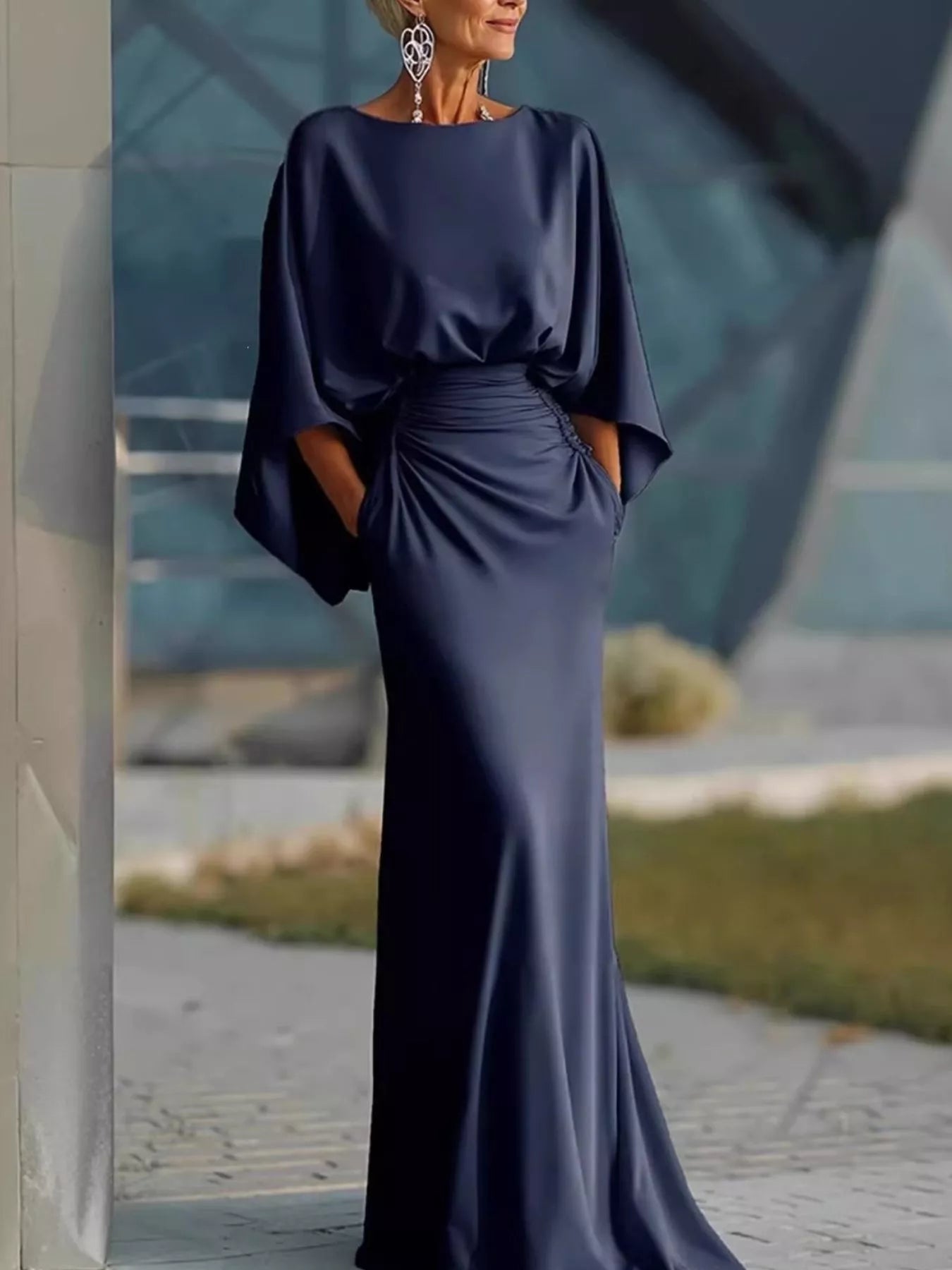 Batwing Sleeve Ruched Maxi Dress