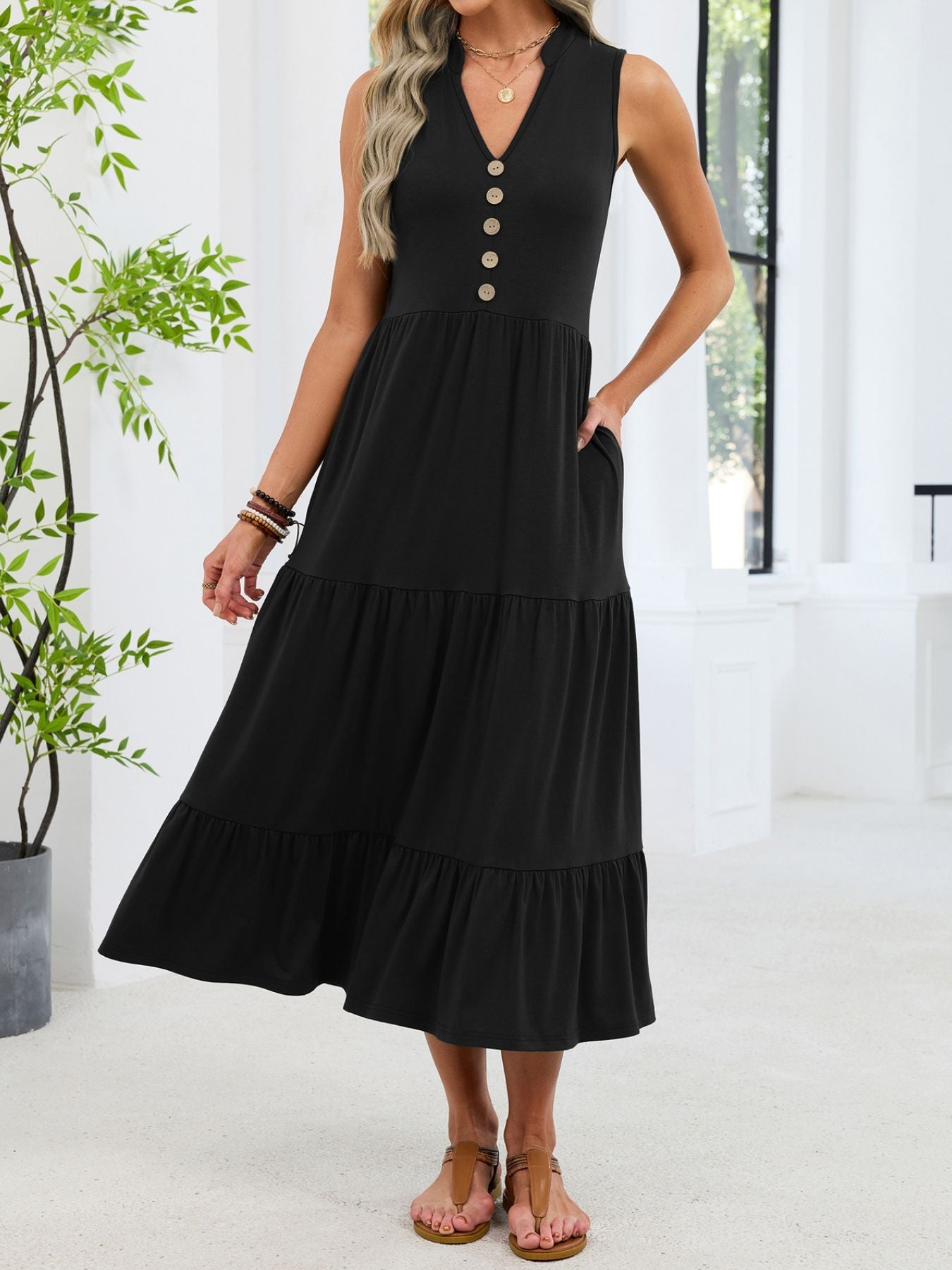 Sleeveless Notched Tiered Midi Dress
