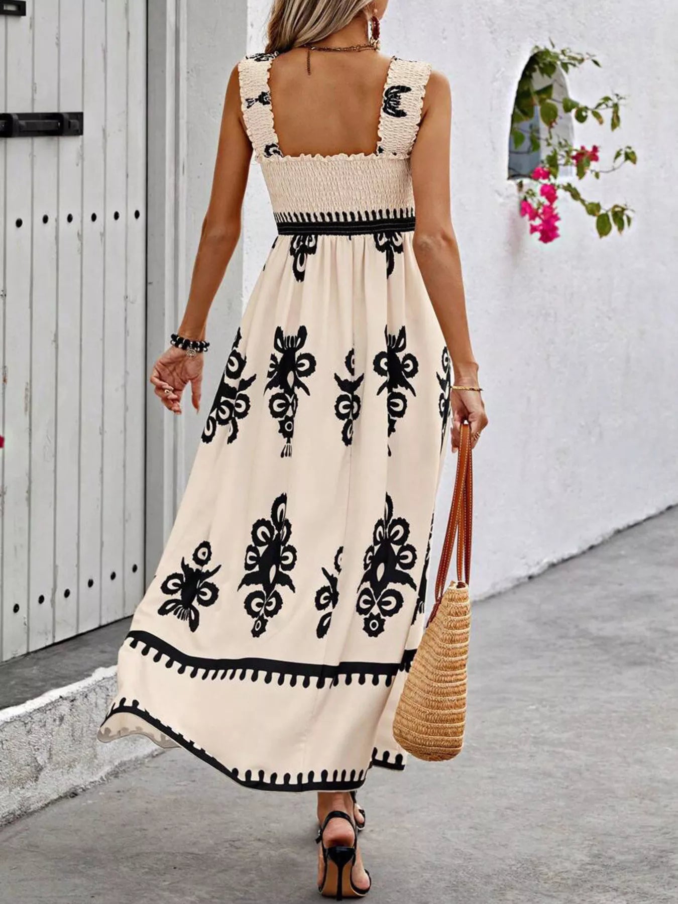 Smocked Printed Square Neck Maxi Dress