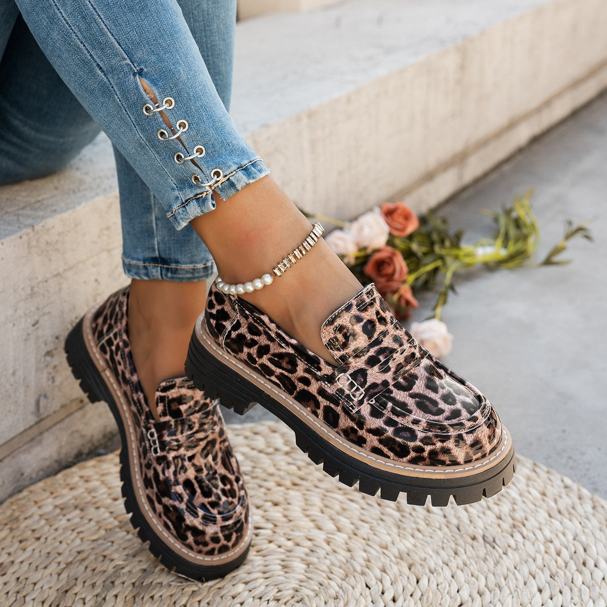 New Autumn Leather Belt-Buckle Patent Leather Leopard-Print Vintage Womens Shoes