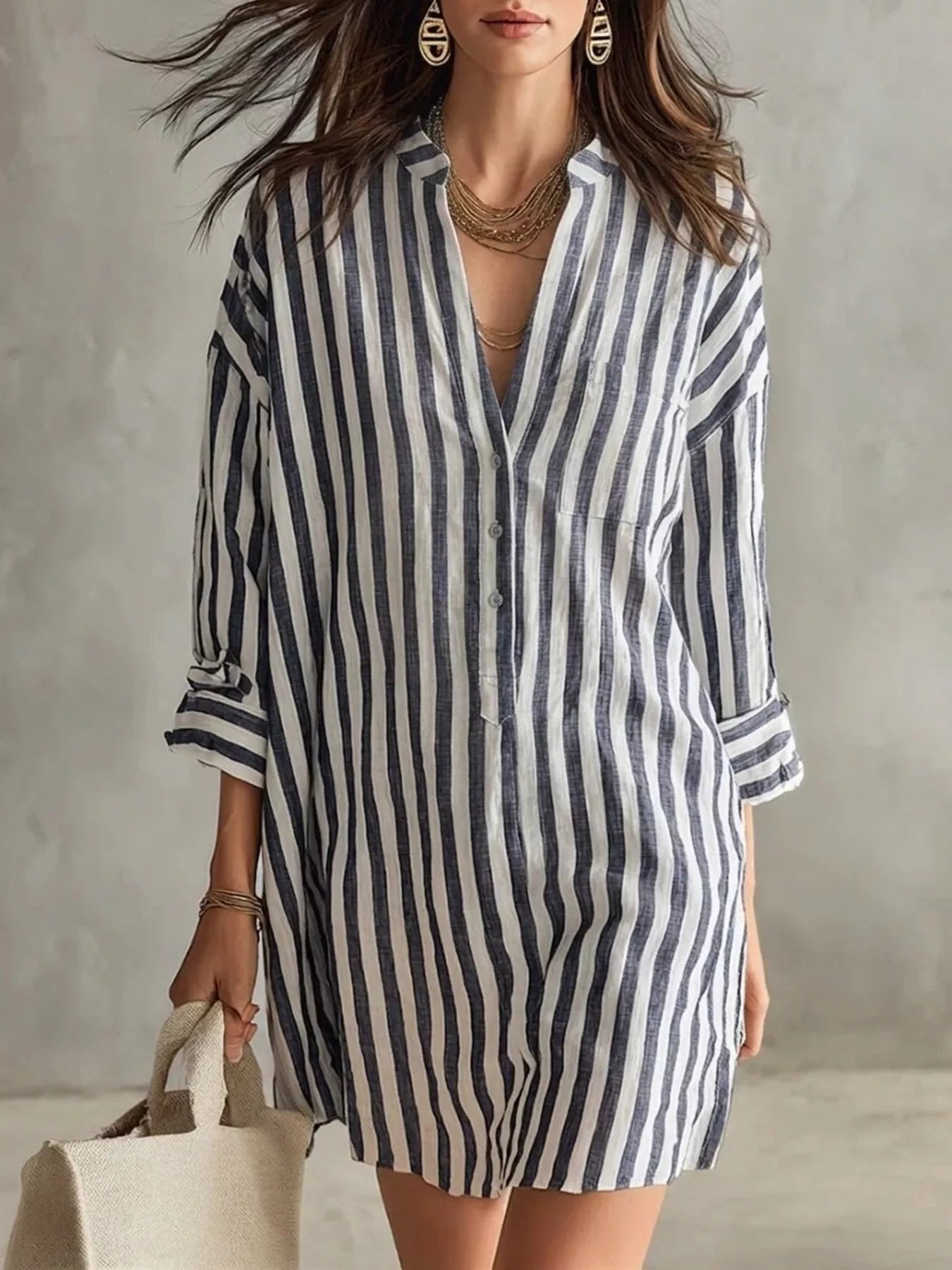 Full Size Striped 3/4 Sleeve Shirt Dress Plus Size