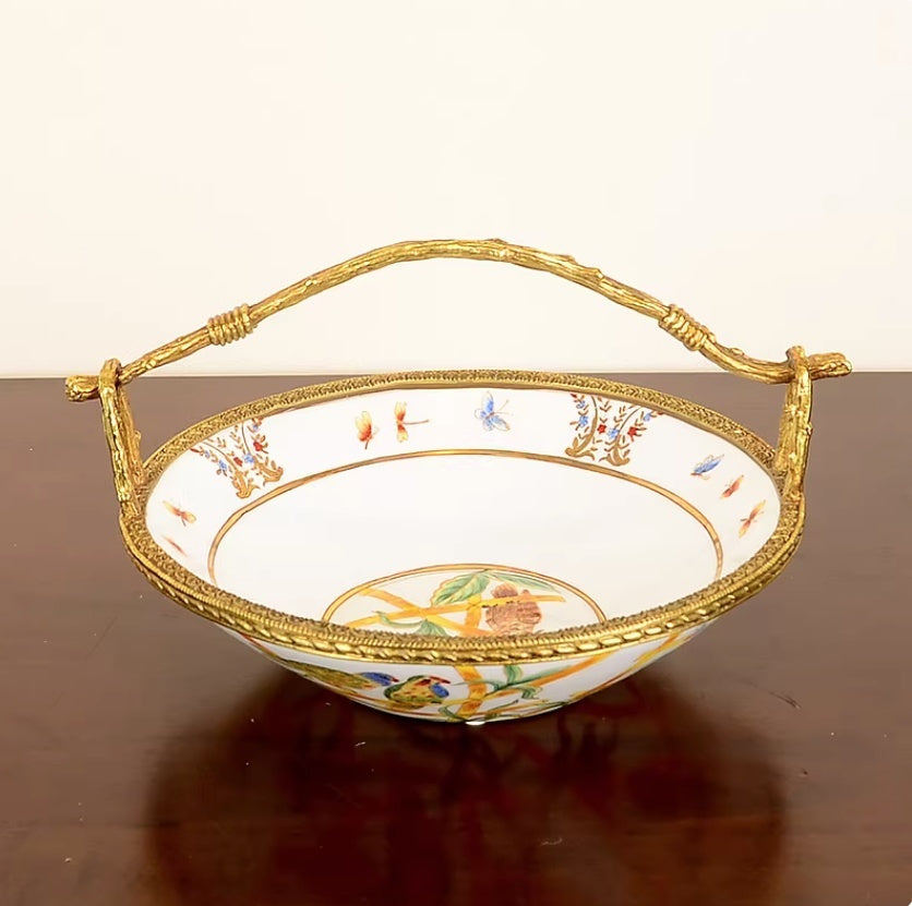 Brass Fruit Bowl Ornamentdesktop Living Room Decor Featuring A Copper-and-porcelain Fruit Basket