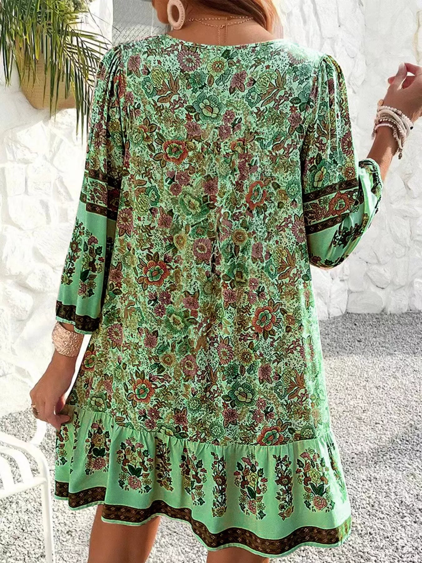 Floral Print Tassel Tie Neck Mini Dress