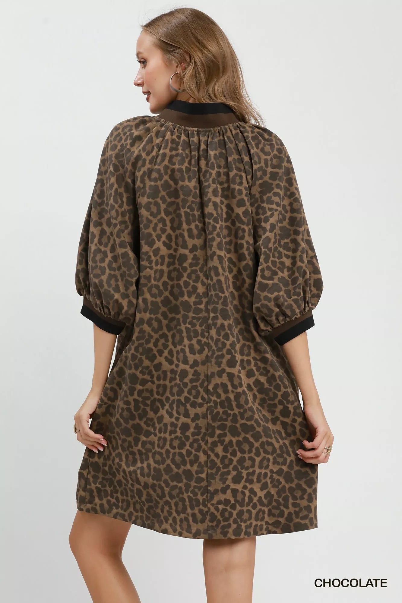 Umgee Leopard Print Quarter Zip Puff Sleeve Mini Dress