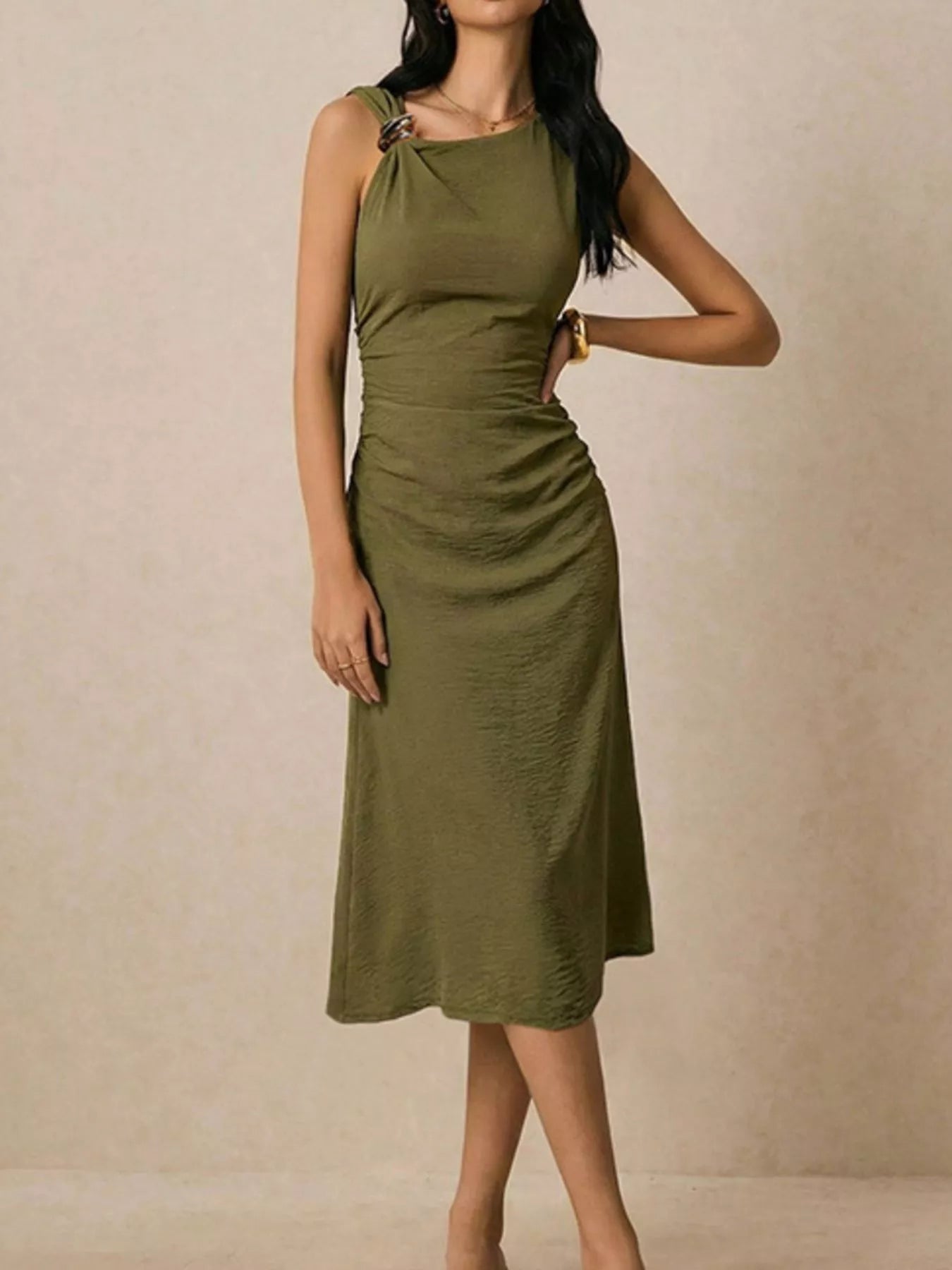 Asymmetrical Neck Ruched Midi Dress