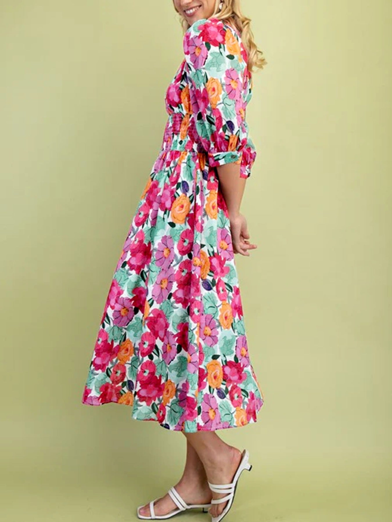 Vibrant Floral Print V Neck Zip Up Puffy Half Sleeve Dress