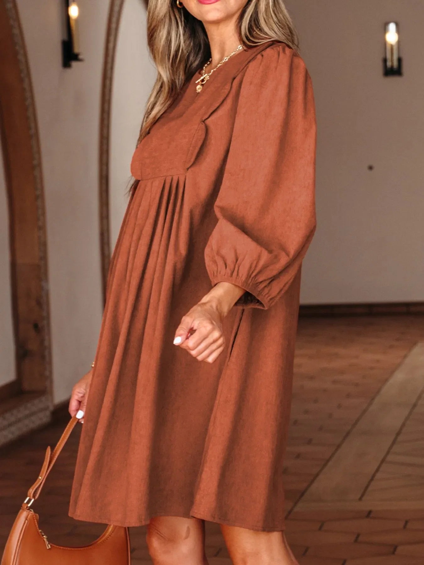 Split Neck Scallop Detail Corduroy Mini Dress