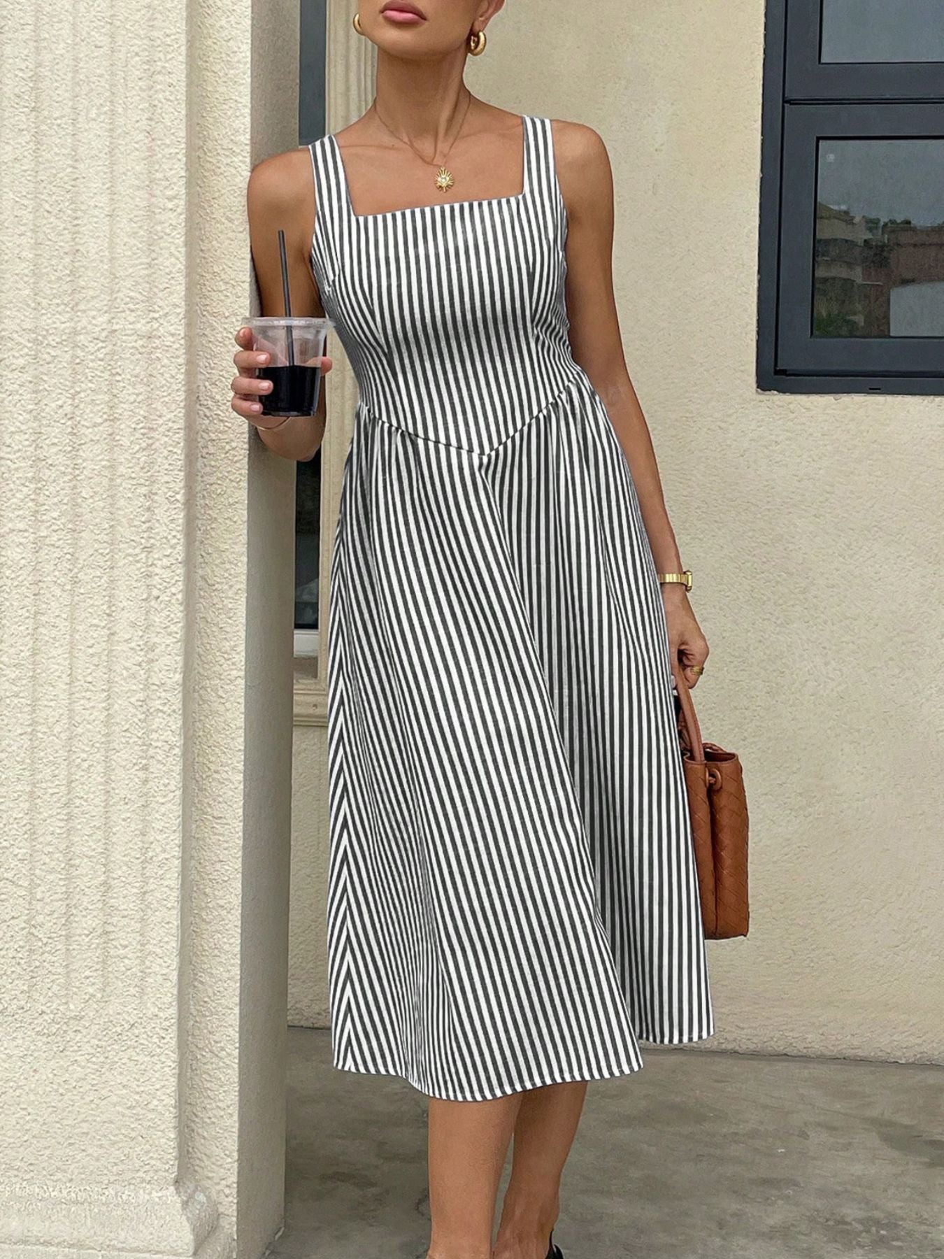 Striped Square Neck Midi Dress