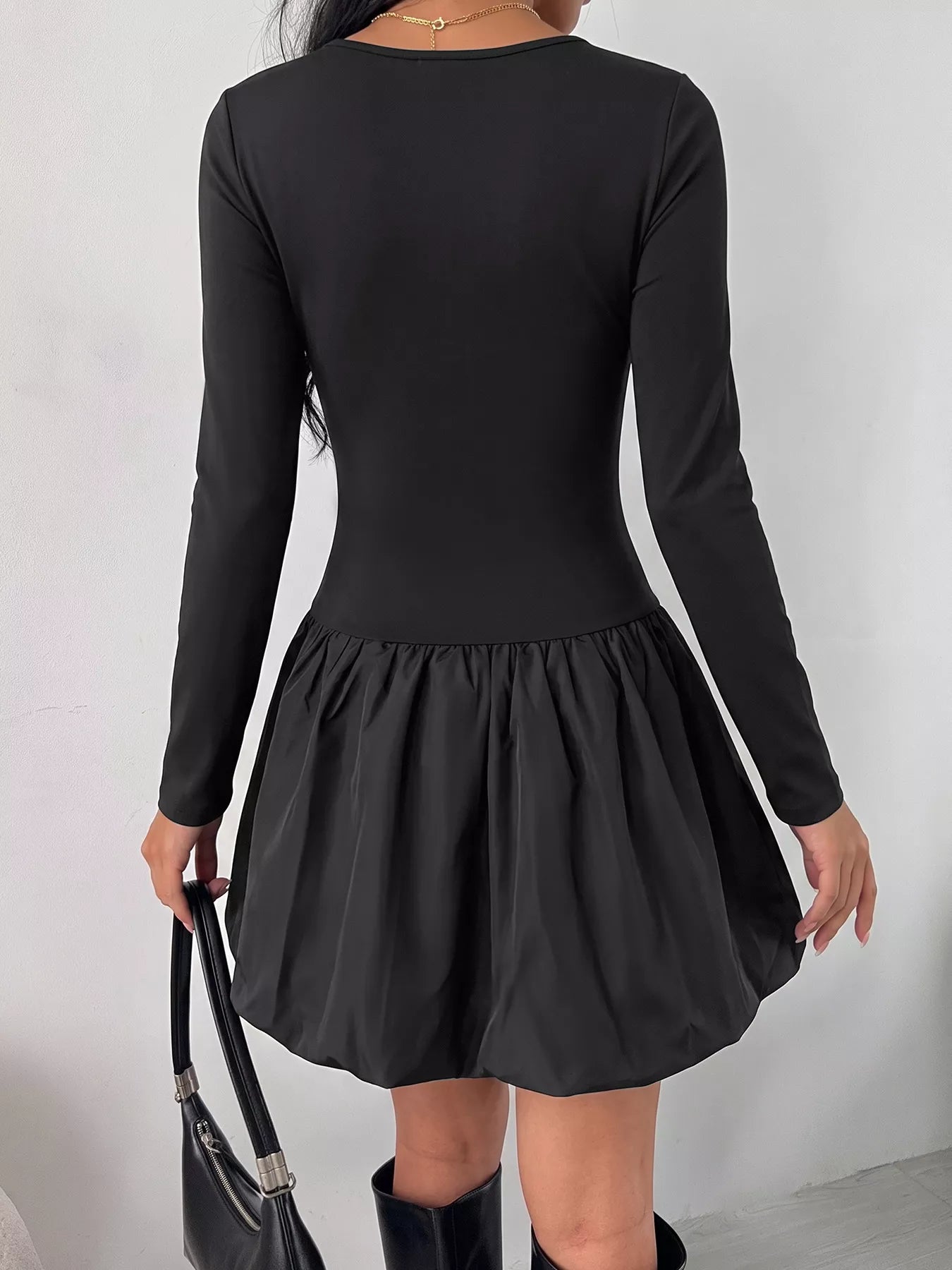 Square Neck Long Sleeve Bubble Hem Dress